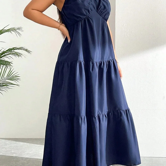 Navy Blue Casual Women's Plus Size V-Neck Sweetheart Sexy Fashion Dress - Picture 3 of 8